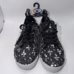 Love 83 Size 6 Black Denim Sequin Low Top Sneakers McBling Y2K Glance Glam Disco